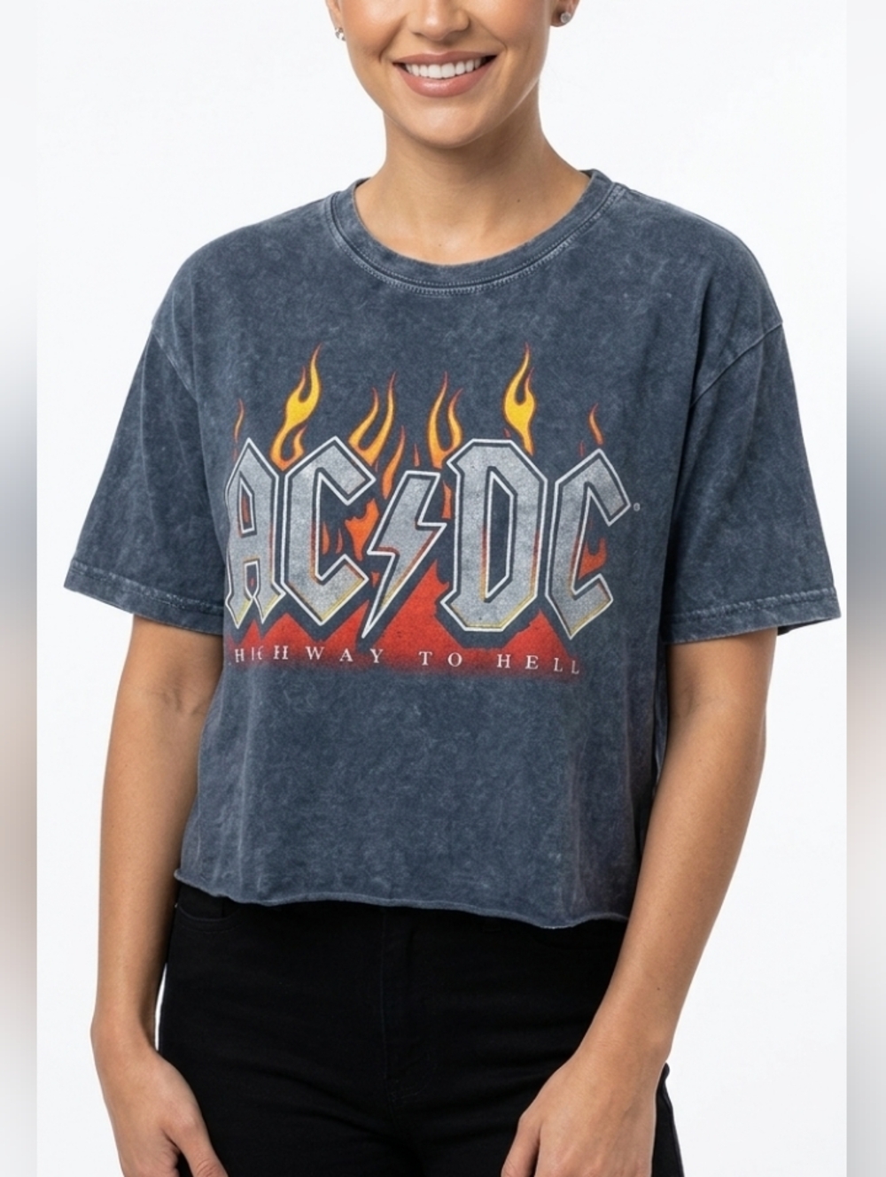 ACDC Women's Highway to Hell Cotton T-Shirt Graphic Print Cropped L Asphalt Gray